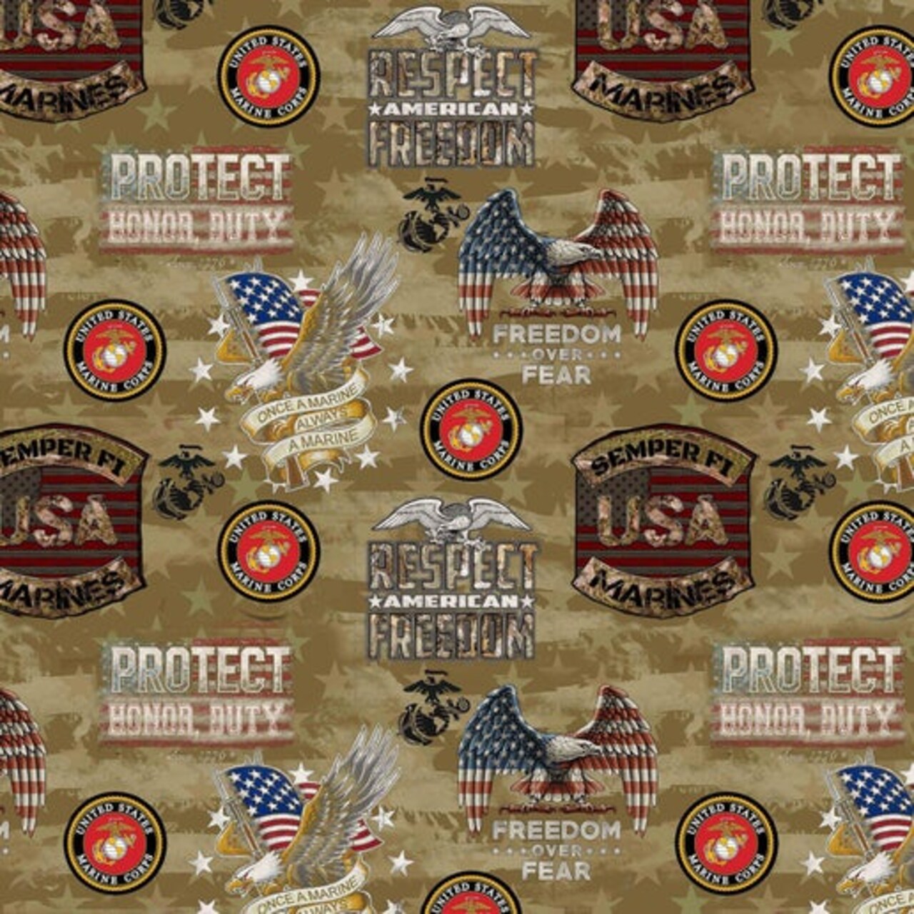 Sykel Enterprises Military Marines Camo Flag Allover Cotton Fabric by the Yard